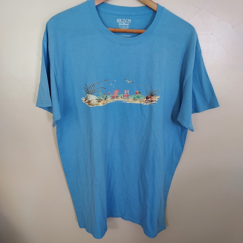 Gildan DryBlend XL Blue Beach Chair Graphic T-Shirt Coastal Vacation Tee